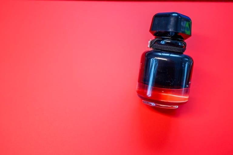 Bold black perfume bottle with red accents