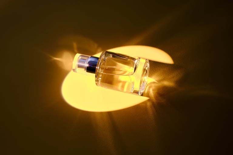 Elegant golden perfume bottle in spotlight