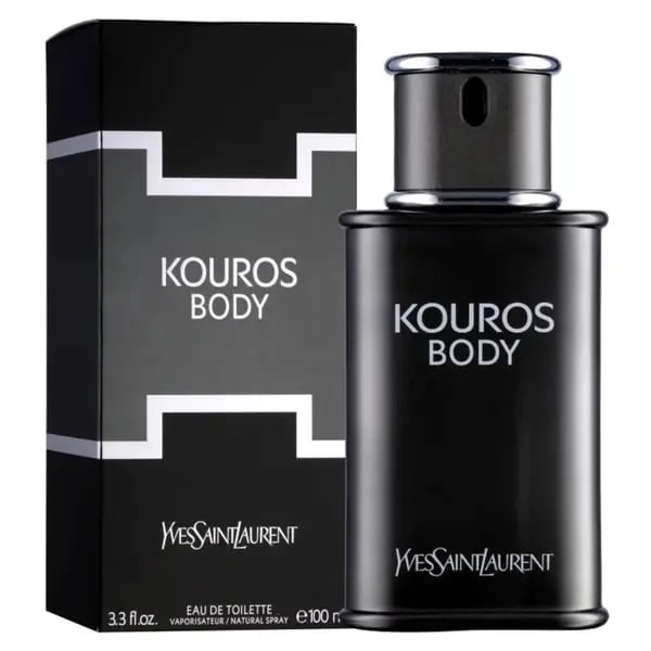 Kouros Body by Yves Saint Laurent cologne box and black spray bottle displayed together