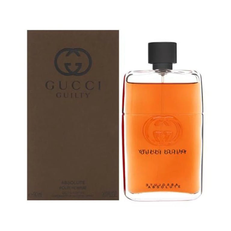 Gucci Guilty perfume bottle with brown box packaging, featuring orange liquid and black cap