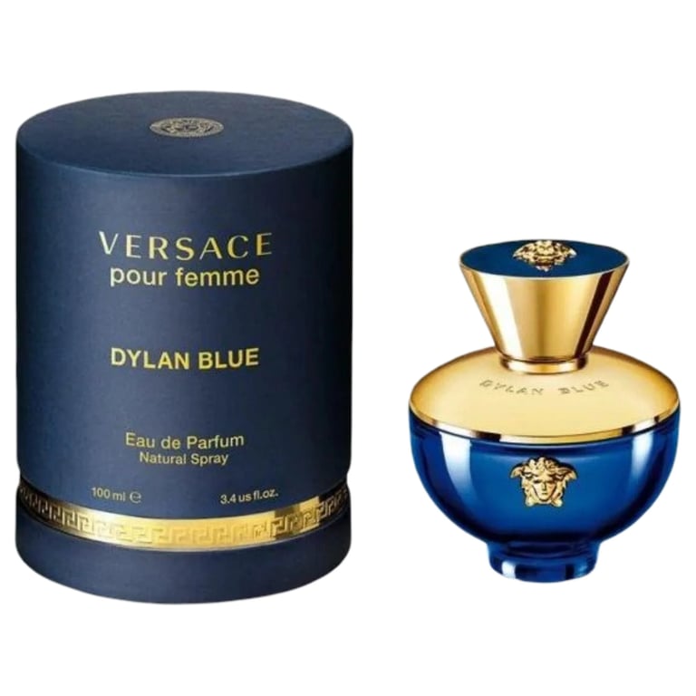 Versace Dylan Blue Pour Femme perfume bottle and packaging, 100ml eau de parfum with blue and gold design